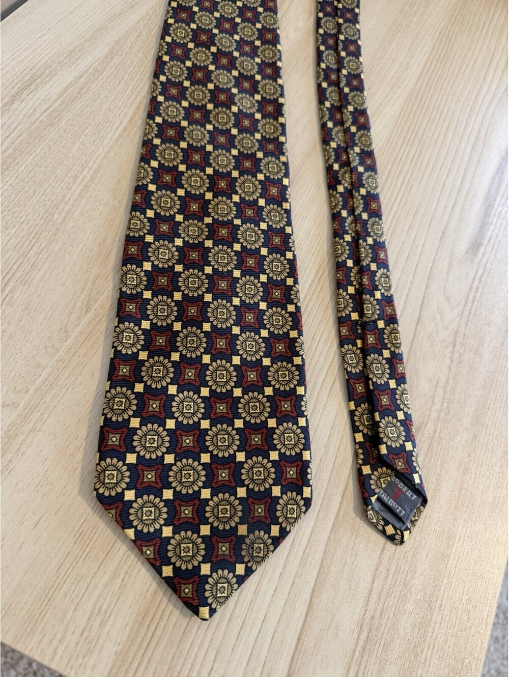 Robert Talbott for Lourie’s Silk Tie Navy Gold Medallion Pattern Hand Sewn USA